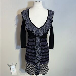 Marciano Sheath Dress with Ruffled front V-Neck and 3/4 Sleeves